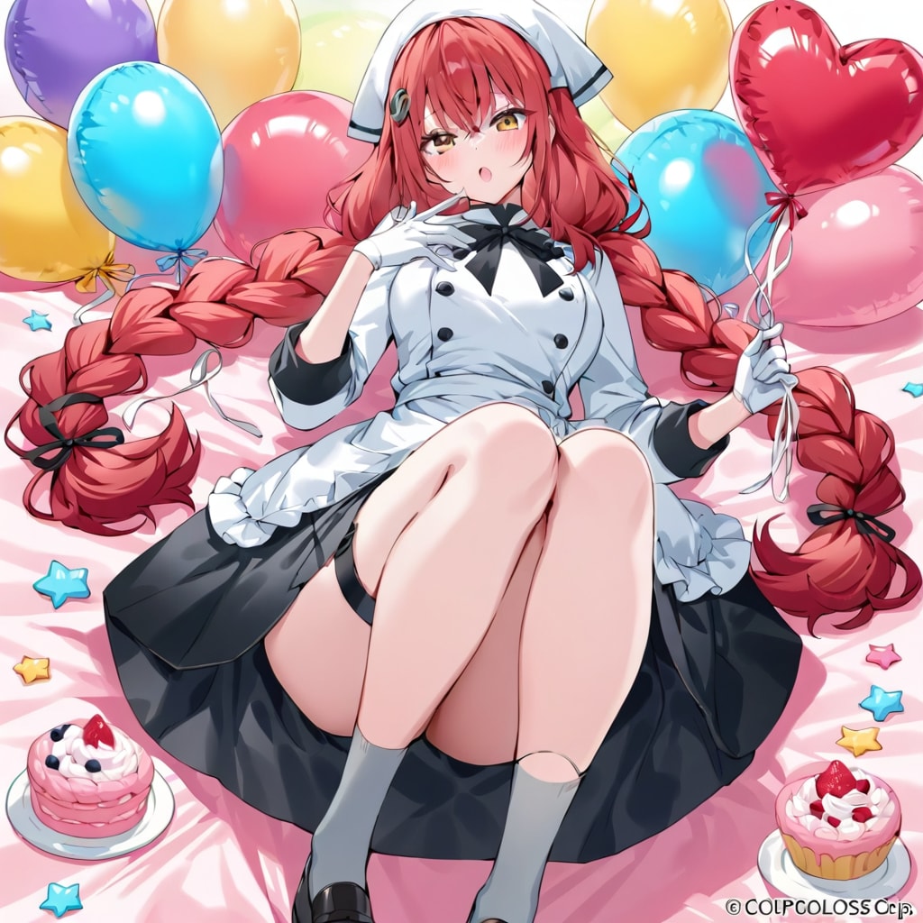 いっぱい色とりどりの風船を持つ赤い髪三つ編みロングのパティシエの美女