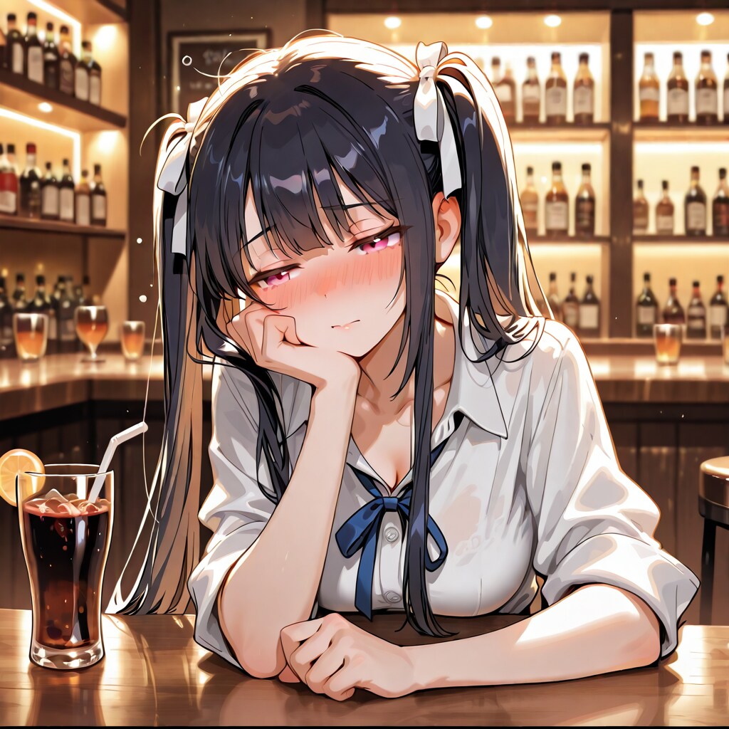 雰囲気で酔う黒髪ツインテ娘ちゃん（※コーラです）