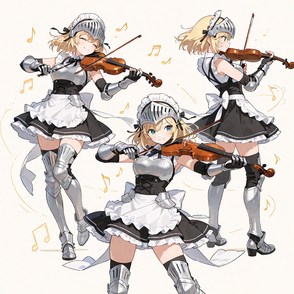 戦場で勝利を奏でる袖無しアーマーメイド（バイオリン装備）
