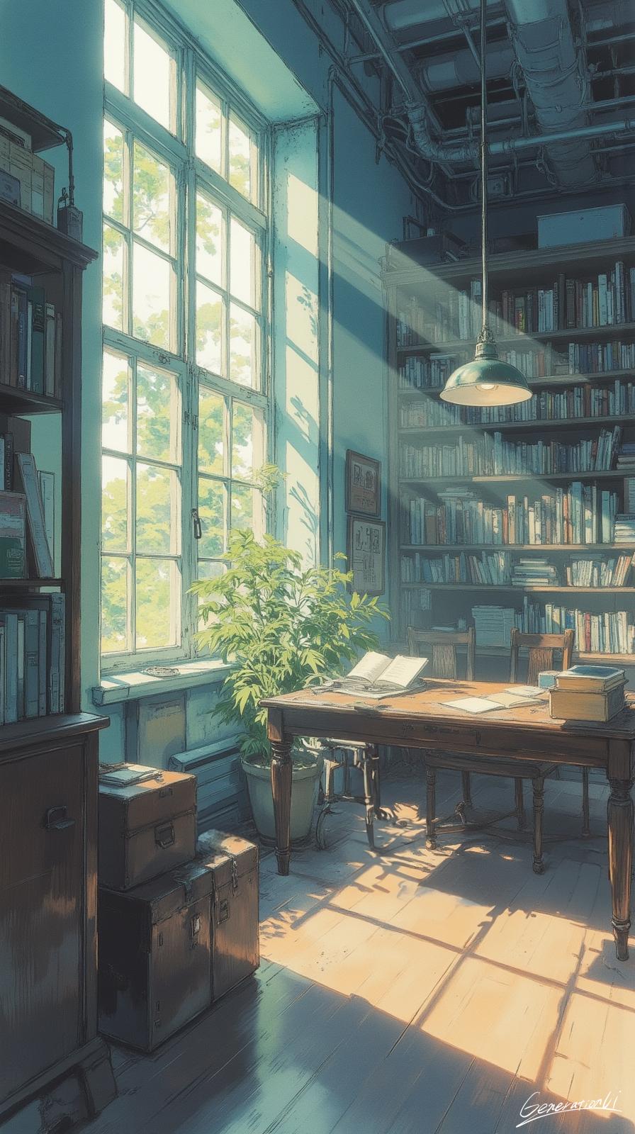 木漏れ日が照らす書棚の部屋／スマホ壁紙アーカイブ | の人気AIイラスト・グラビア