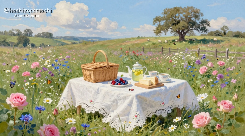 花咲く草原での白昼夢のようなピクニック