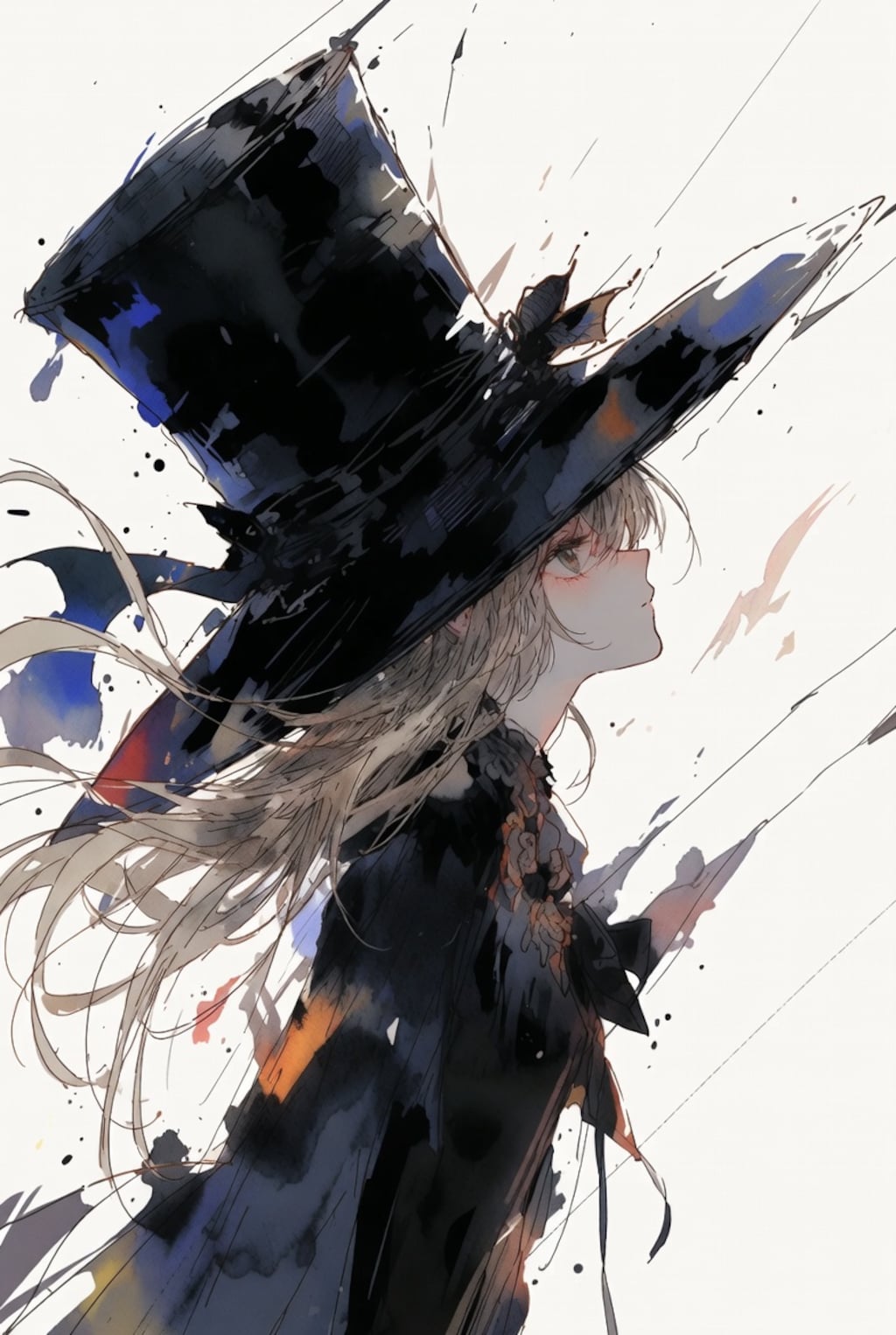白き虚空を切り裂く漆黒の巨大シルクハットの下で墨の飛沫が無数に舞い散り、風に溶けるように長く流れる灰色の髪が虚空を優雅に弧を描きながら、黒いドレスの胸元に橙と藍の淡い光が神秘的に滲み出る儚げな横顔の