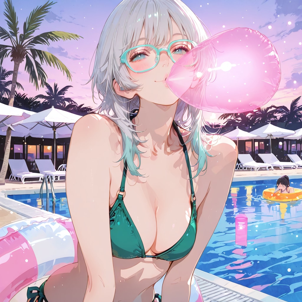 小さめのビーチボールを膨らませる眼鏡ビキニ美女