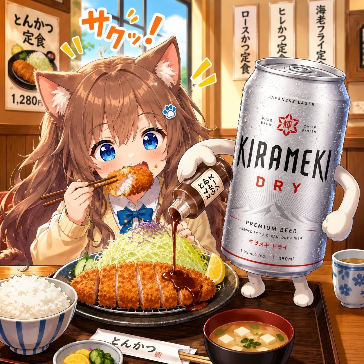 豚カツを食べる小さな女の子