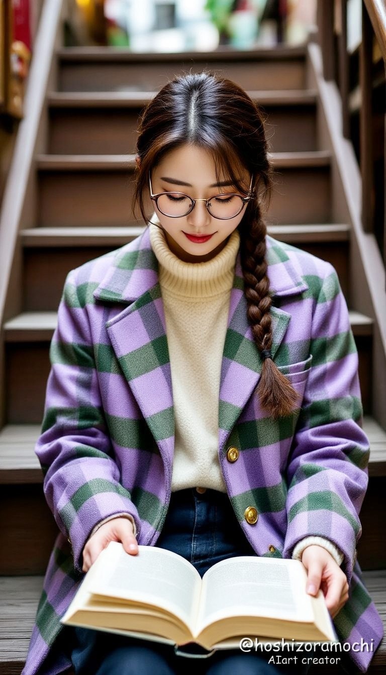 ラベンダー・チェック、古書店の階段 - Lavender Check, Antique Bookstore Stairs | の人気AIイラスト・グラビア