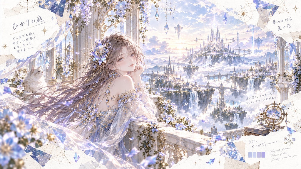 光の庭で夢を紡ぐ星の少女  雲海に浮かぶ光の都を見下ろす白いバルコニーで、少女は静かに星の花を身に纏っていた。白猫が寄り添い、遠くの城から優しい光が差し込むこの場所は、夢の欠片が集まる特別な庭。いつか