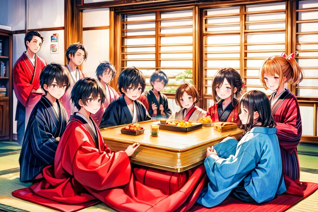 こたつでまったりする、少年少女達～その3（8枚）レトロモダン街シリーズ・その74-2