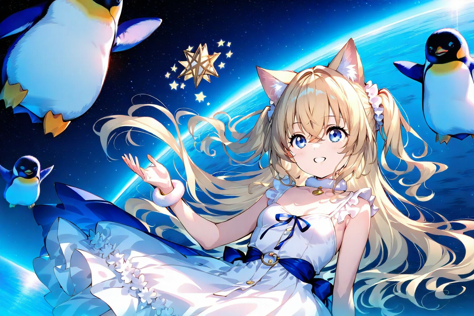 空を駆けるミラ様とペンギン達 | の人気AIイラスト・グラビア