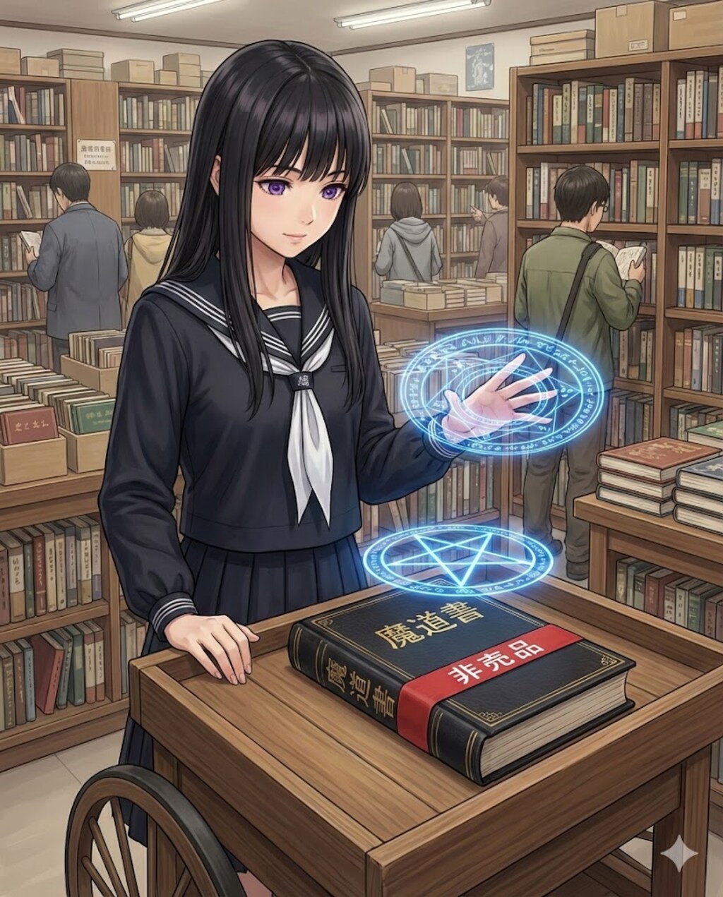 立ち読みで魔法を試す少女