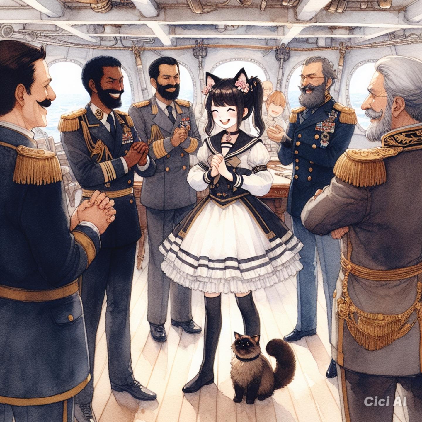 歌を唄う猫耳娘に士官たちは癒される | の人気AIイラスト・グラビア