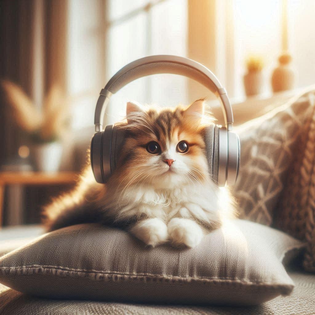 ヘッドフォンを付けた猫
