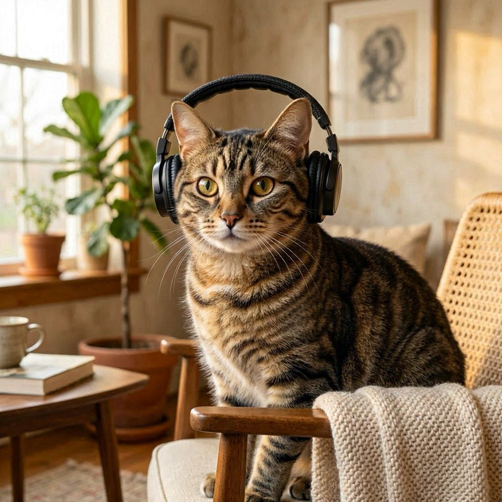 ヘッドフォンを付けた猫