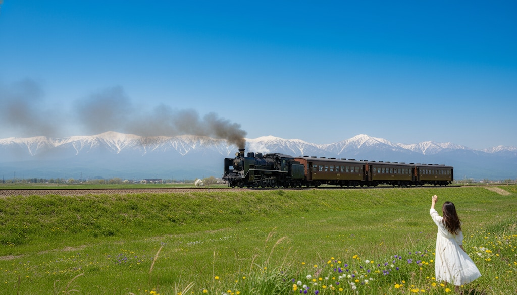 春の築堤を行く
