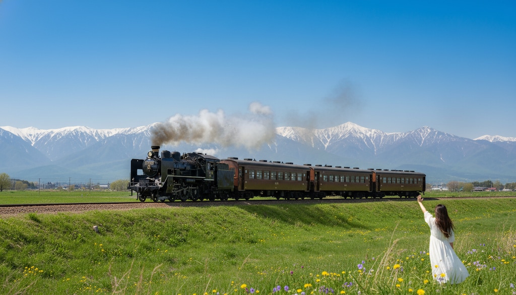 春の築堤を行く