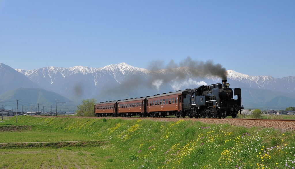 春の築堤を行く