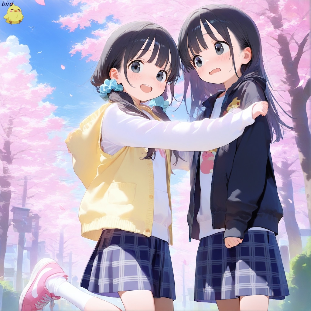 桜の下の仲良し姉妹