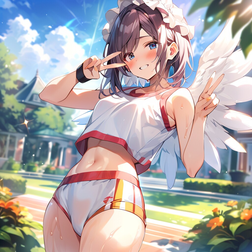 お庭で運動する天使さん