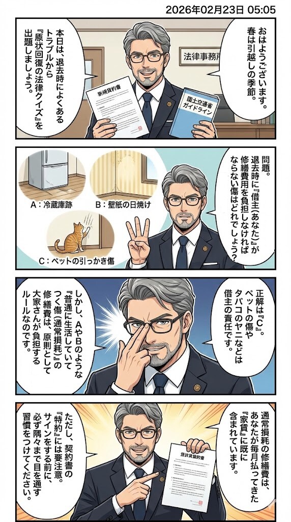 「引越しシーズンの罠・退去費用」　毎日漫画5時