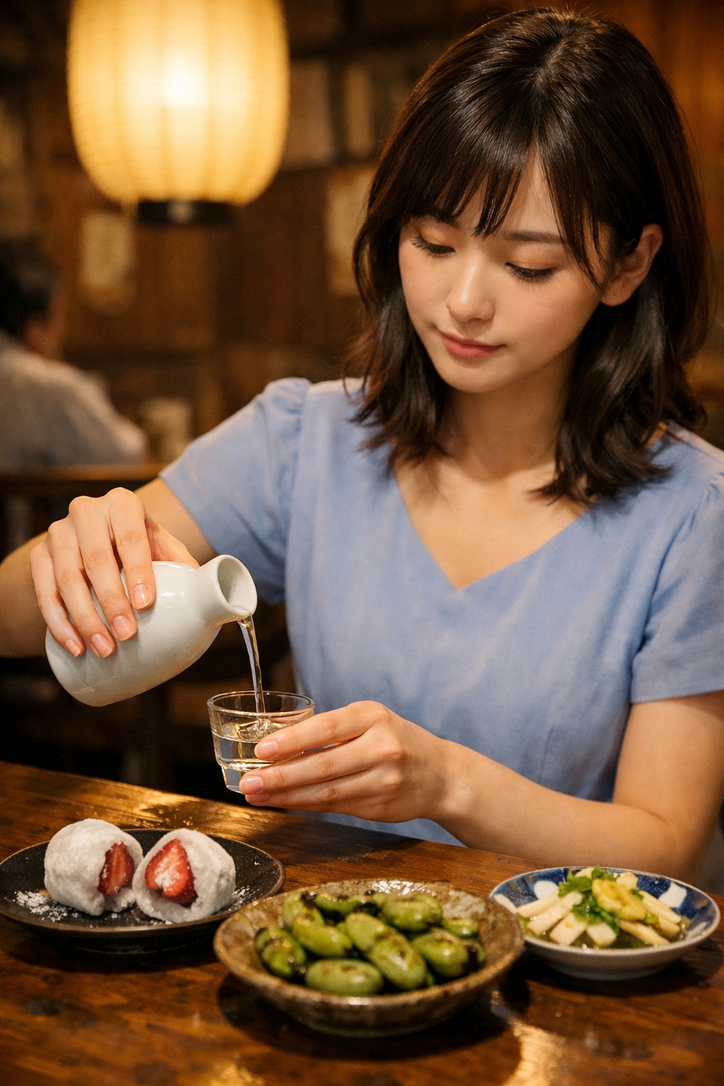 春の居酒屋１　いちご大福、焼きソラマメ、独活の酢味噌
