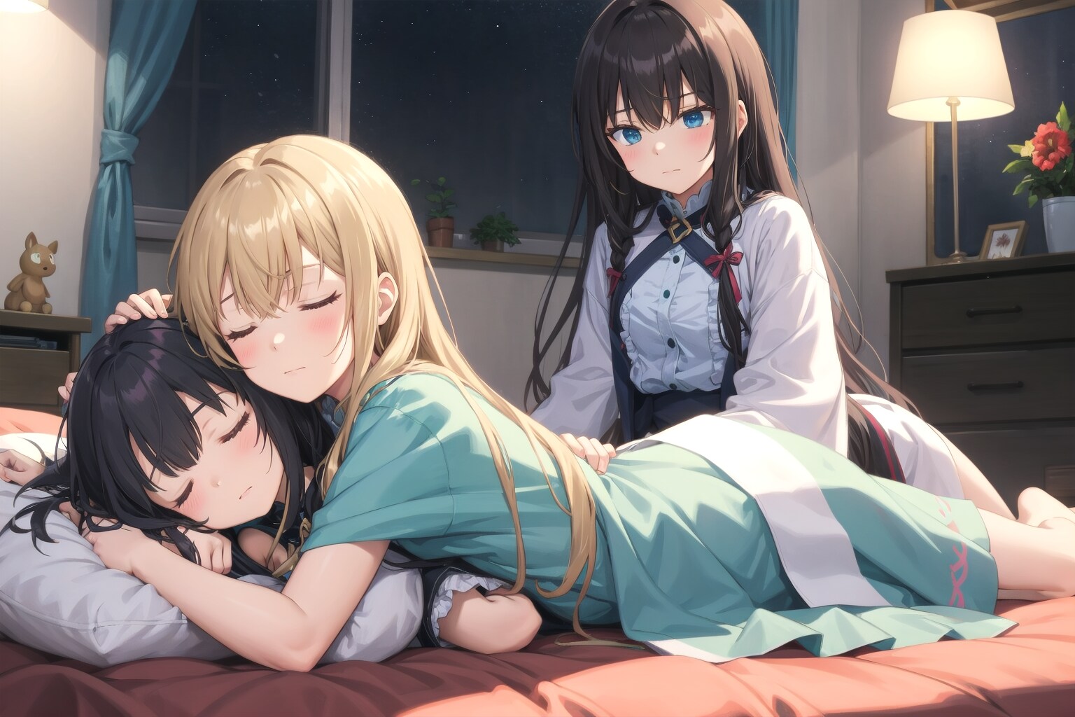 お寝ぼけ三姉妹 | の人気AIイラスト・グラビア