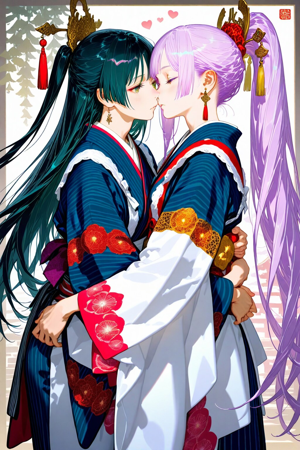 見つめ合って抱き合う二人の巫女