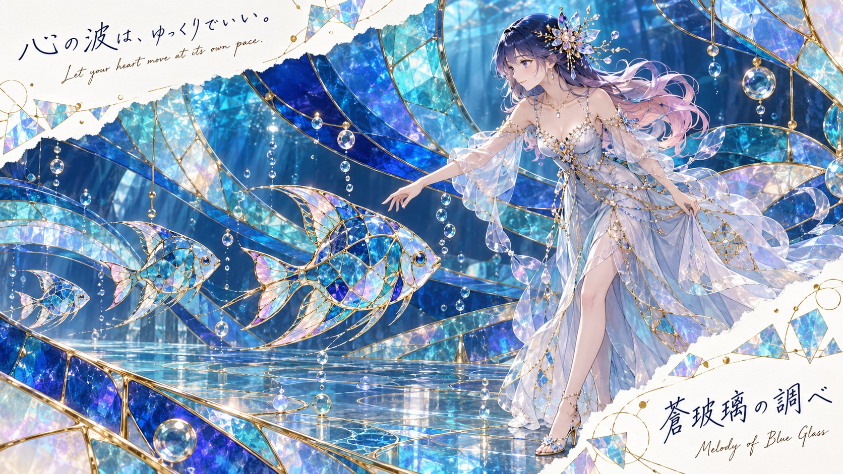 Melody of Blue Glass  Let your heart move at its own pace.  Through a corridor of sapphire and turqu | の人気AIイラスト・グラビア