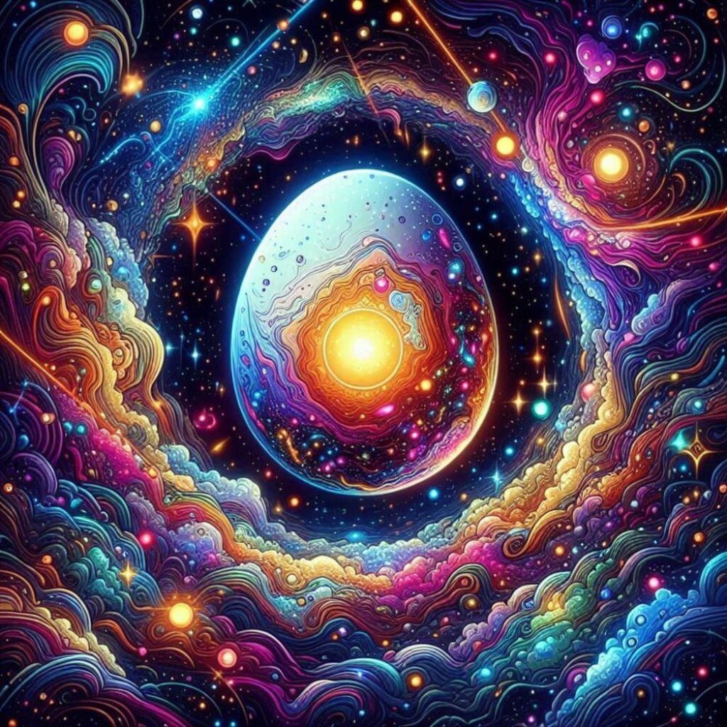 アニメ風、夜空＆宇宙虹色発光目玉焼き