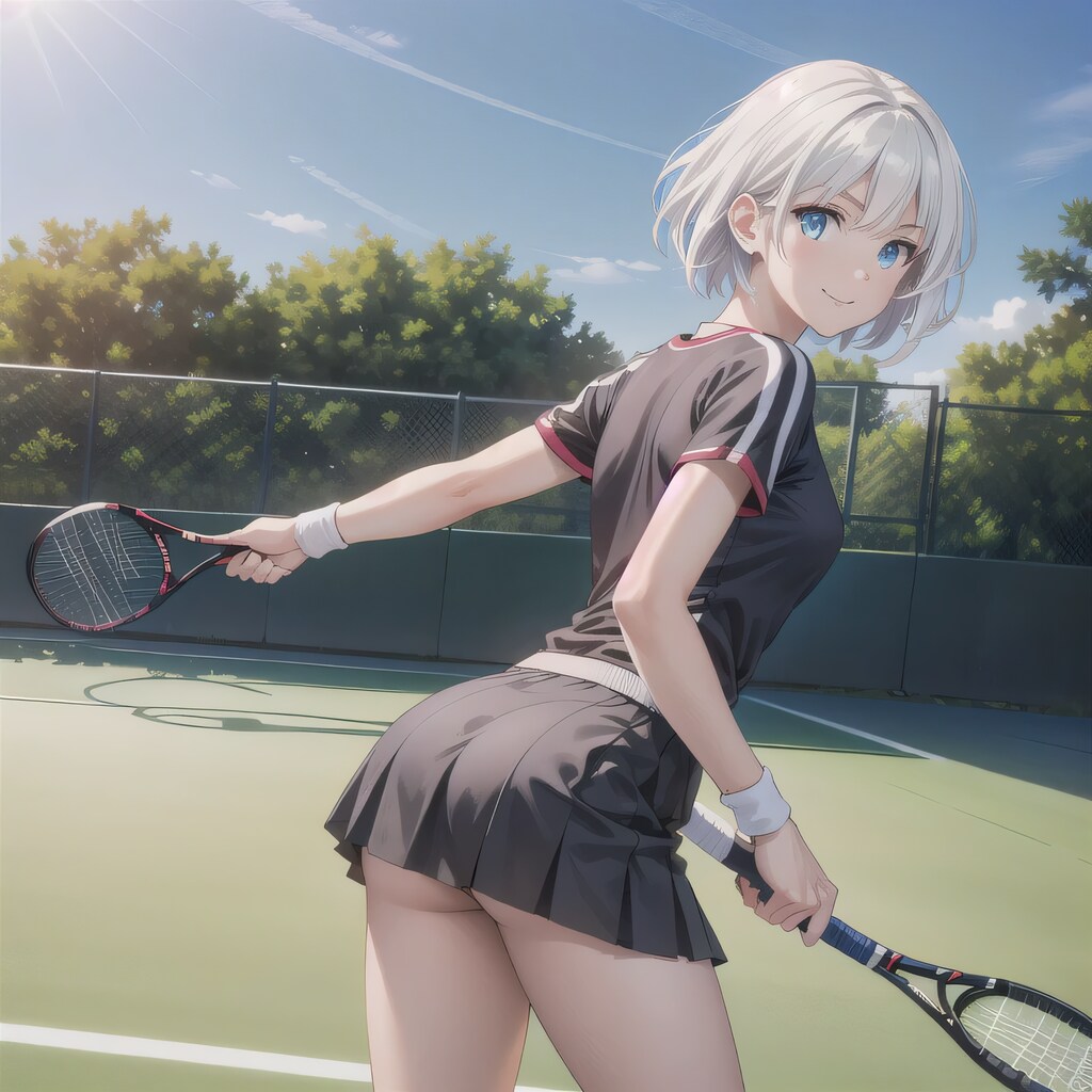白髪ボブでテニスウェアの少女４