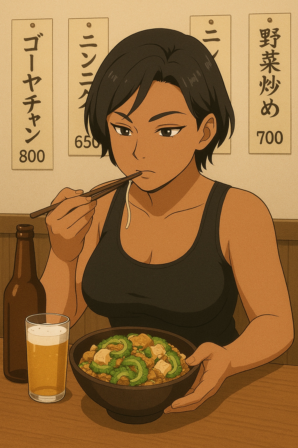 瓶ビールとゴーヤチャンプルー