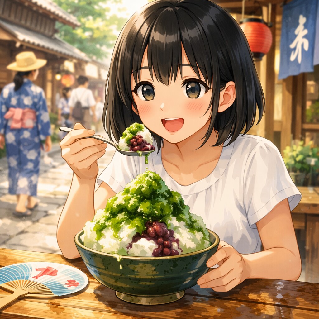 赤福氷を食べている女の子