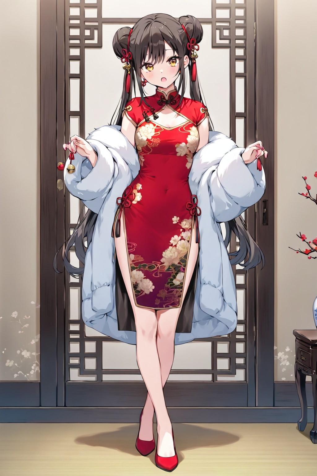 「ロングチャイナドレスの美少女」の全身写真