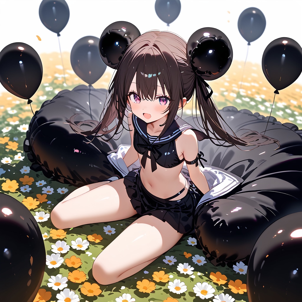 お花畑で黒い風船を膨らませて遊ぶセーラー服の美少女