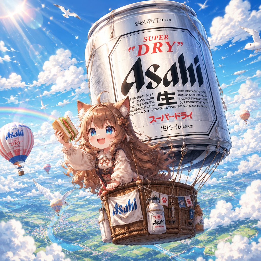気球に乗って大空を楽しむ小さな女の子