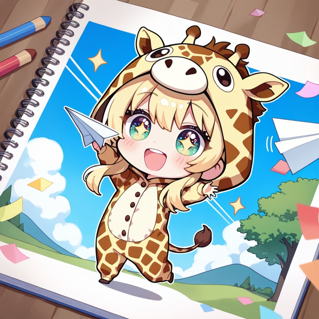 紙飛行機の日のキリン着ぐるみちび子ちゃん | の人気AIイラスト・グラビア