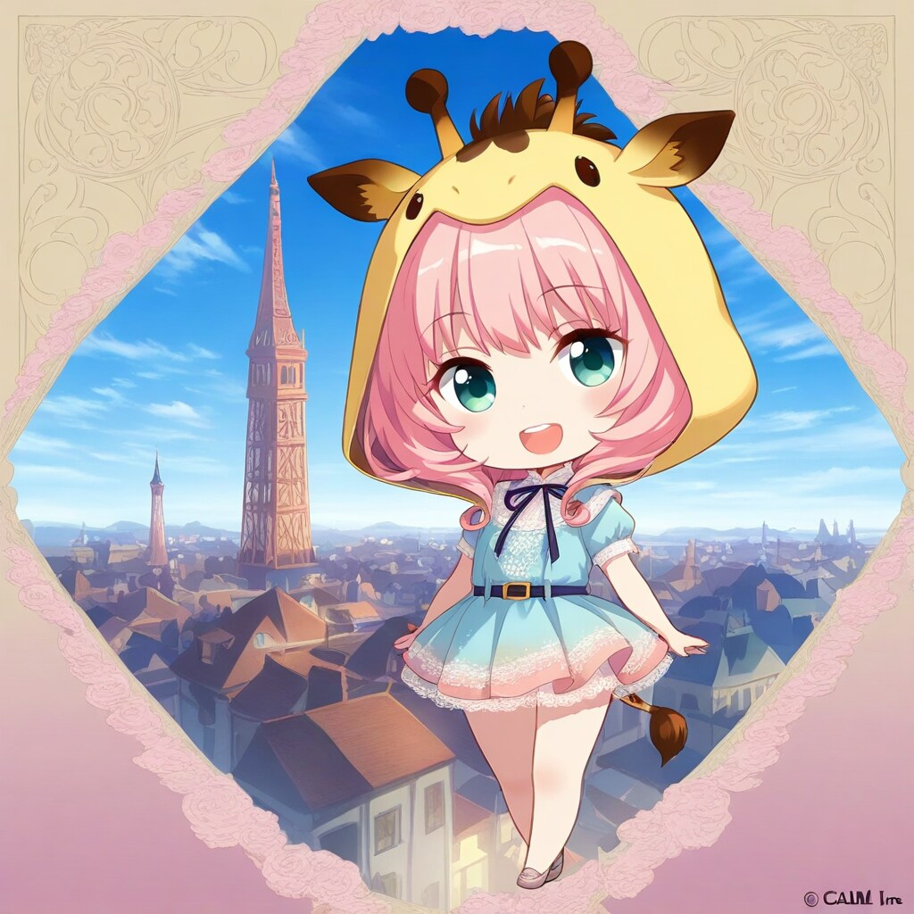 ヨーロッパ風の遠景とアニマルフーディーちび子ちゃん