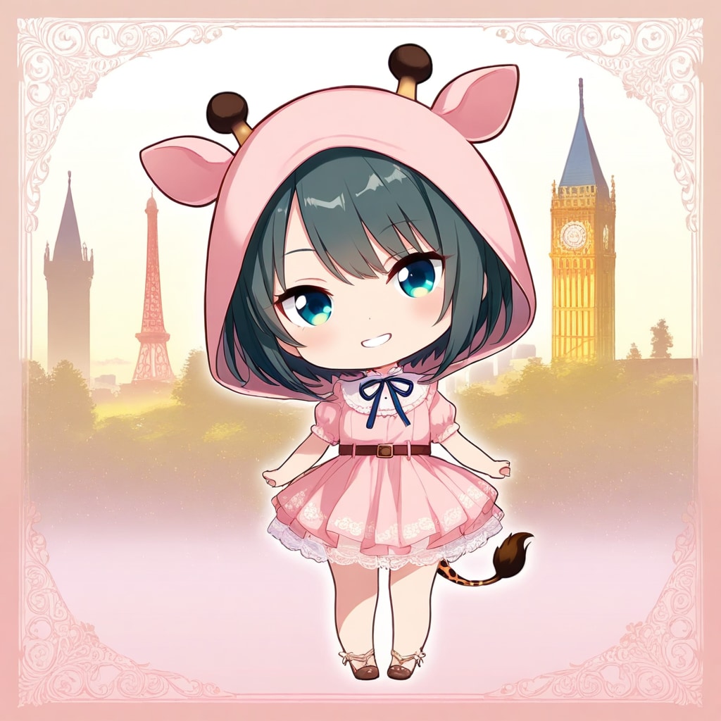 ヨーロッパ風の遠景とアニマルフーディーちび子ちゃん