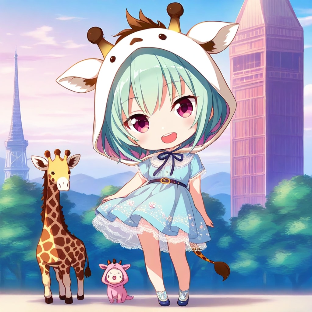 ヨーロッパ風の遠景とアニマルフーディーちび子ちゃん