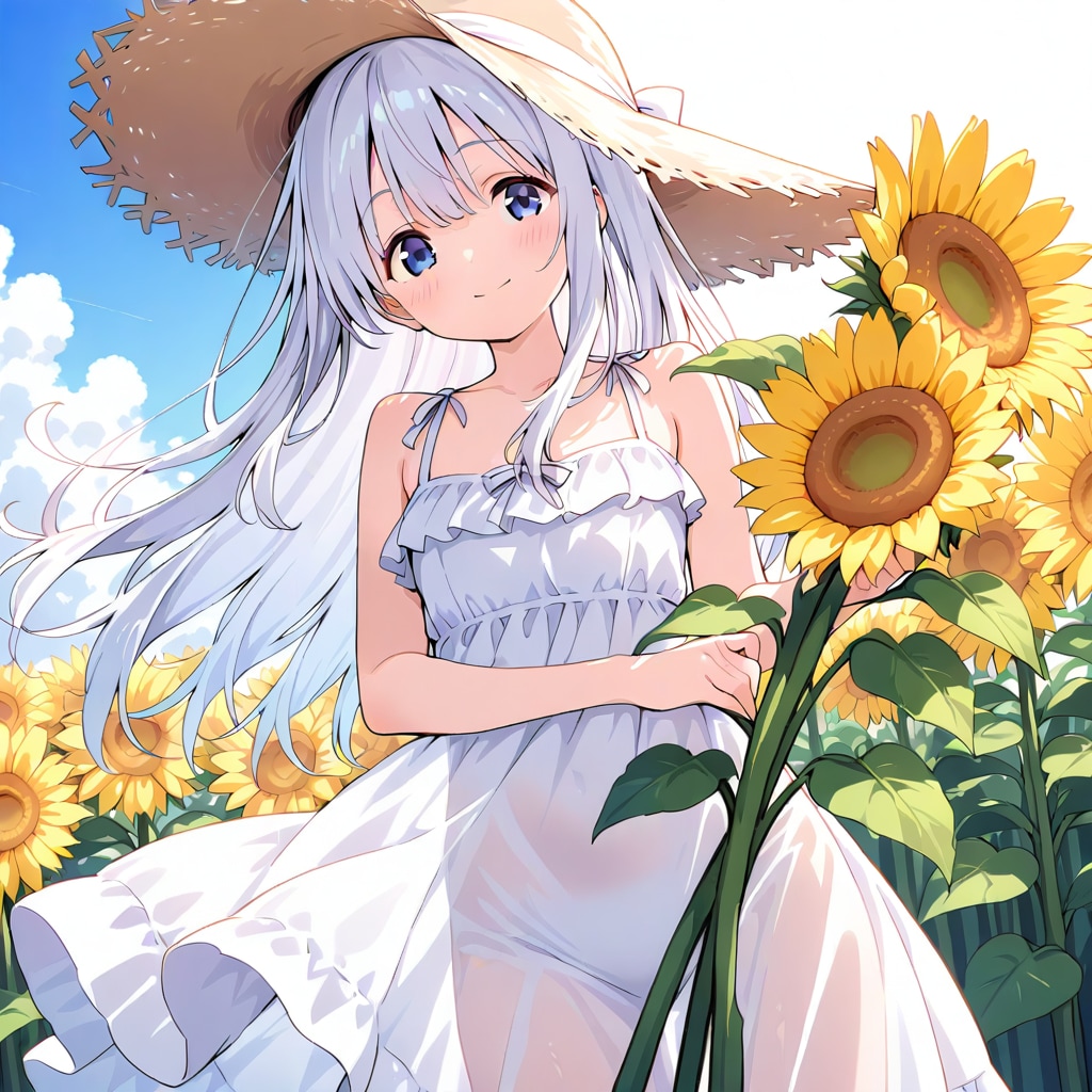 ひまわりと麦わら帽子