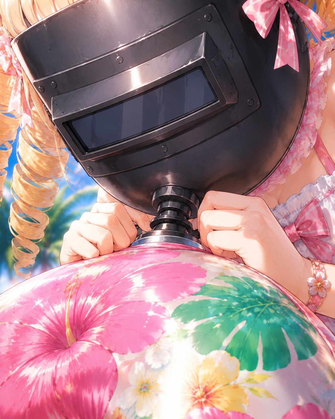 浮き輪膨らますマスクドお嬢様