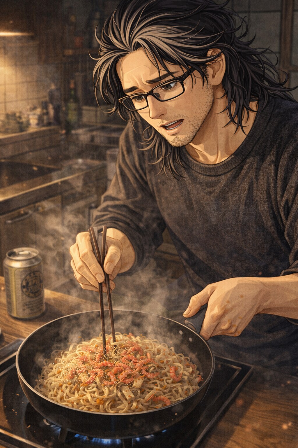 空腹のあまり塩焼きそばを作るオジサン