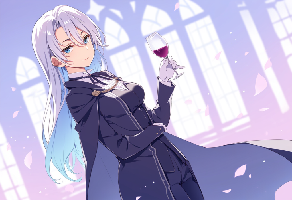 彼女は男性礼服に身を包む