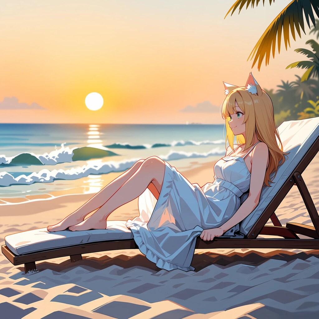 夕暮れのビーチと猫耳の少女