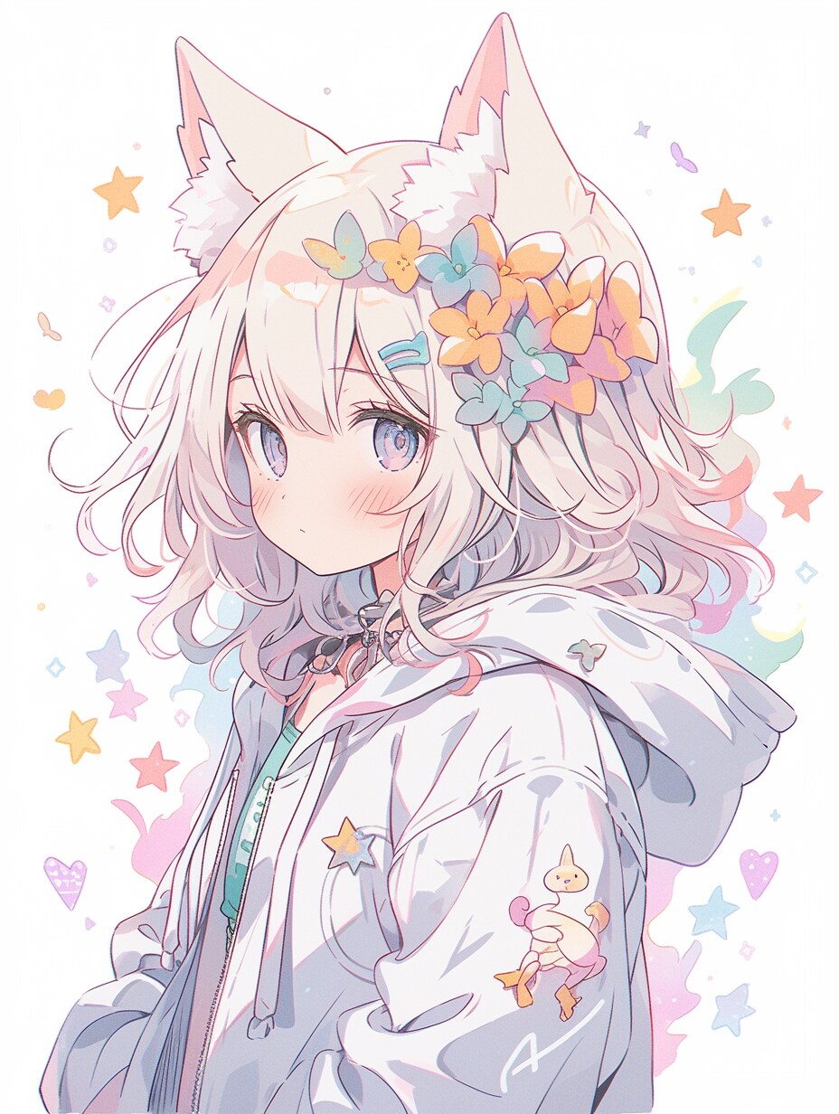 星降る夜に微笑む花冠の白狐 | の人気AIイラスト・グラビア