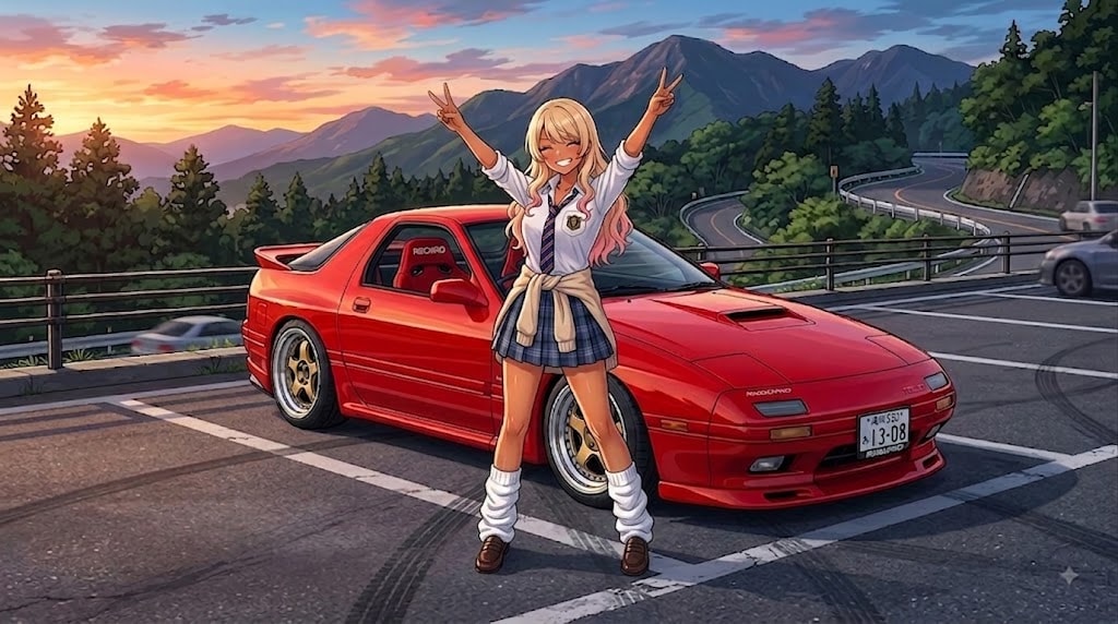 愛車RX-7 FC3Sの前で✌はっぴーピース✌のギャルちゃん。 | の人気AIイラスト・グラビア
