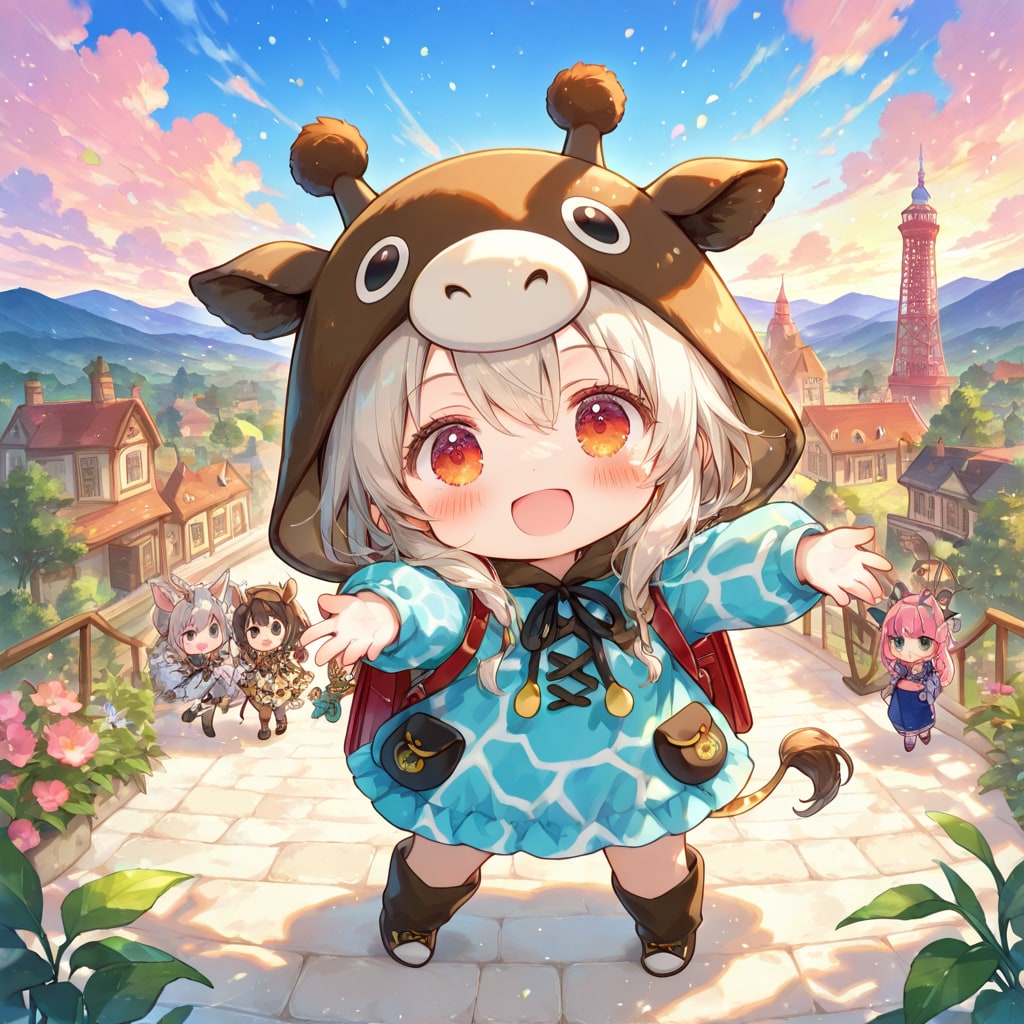観光を楽しむキリン着ぐるみちび子ちゃん | の人気AIイラスト・グラビア