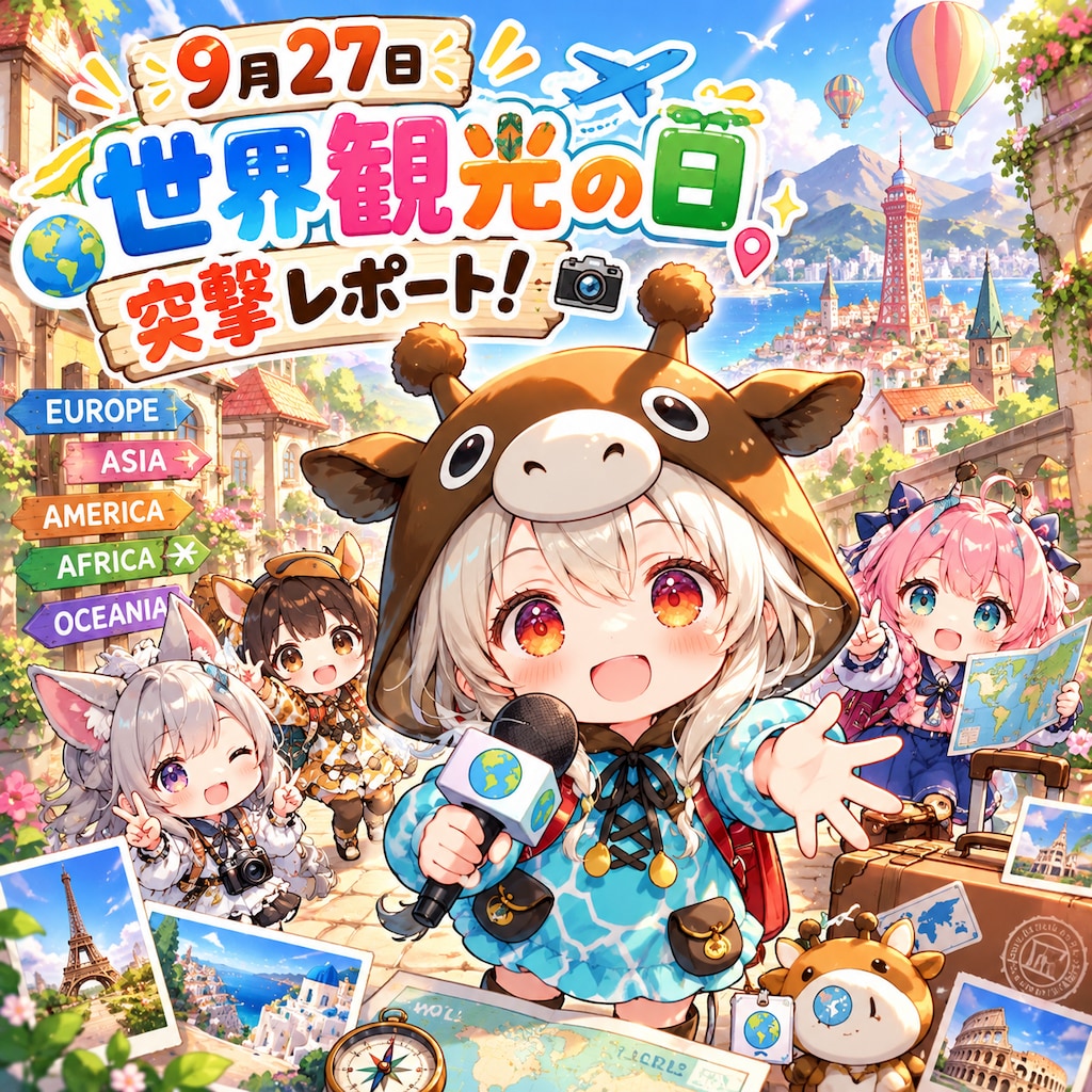 観光を楽しむキリン着ぐるみちび子ちゃん