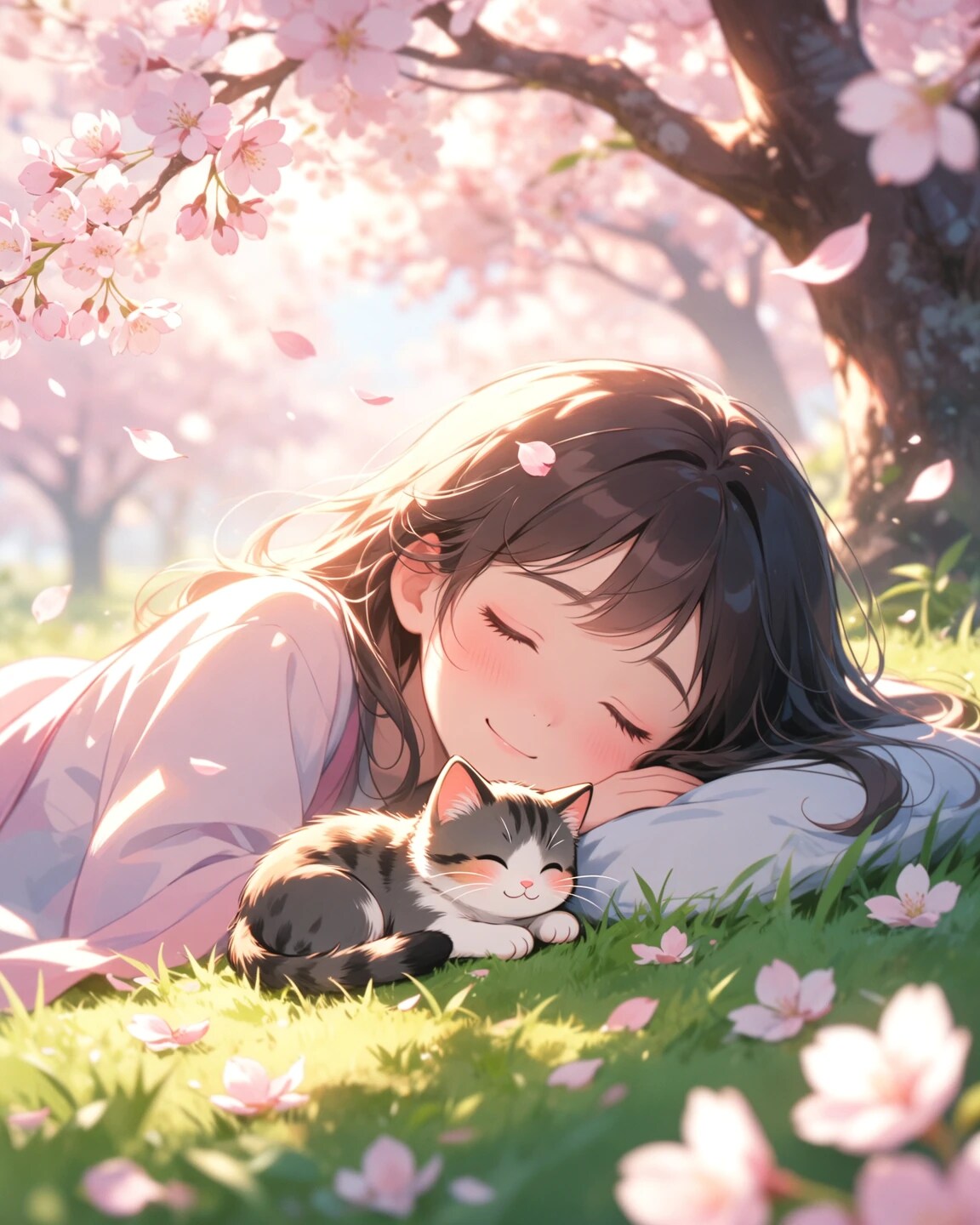 子猫と一緒にうたた寝する女の子