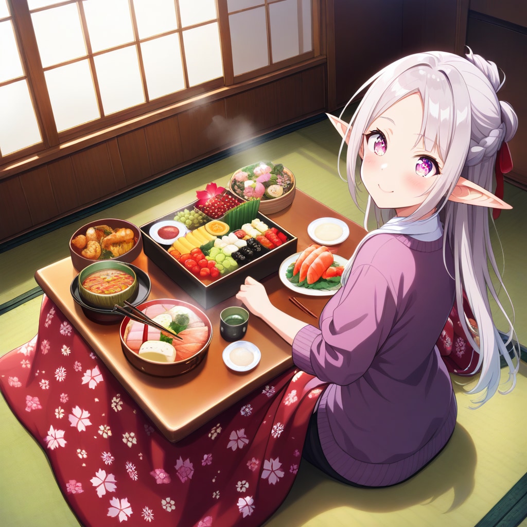 おせち料理を食べるエルフの女の子