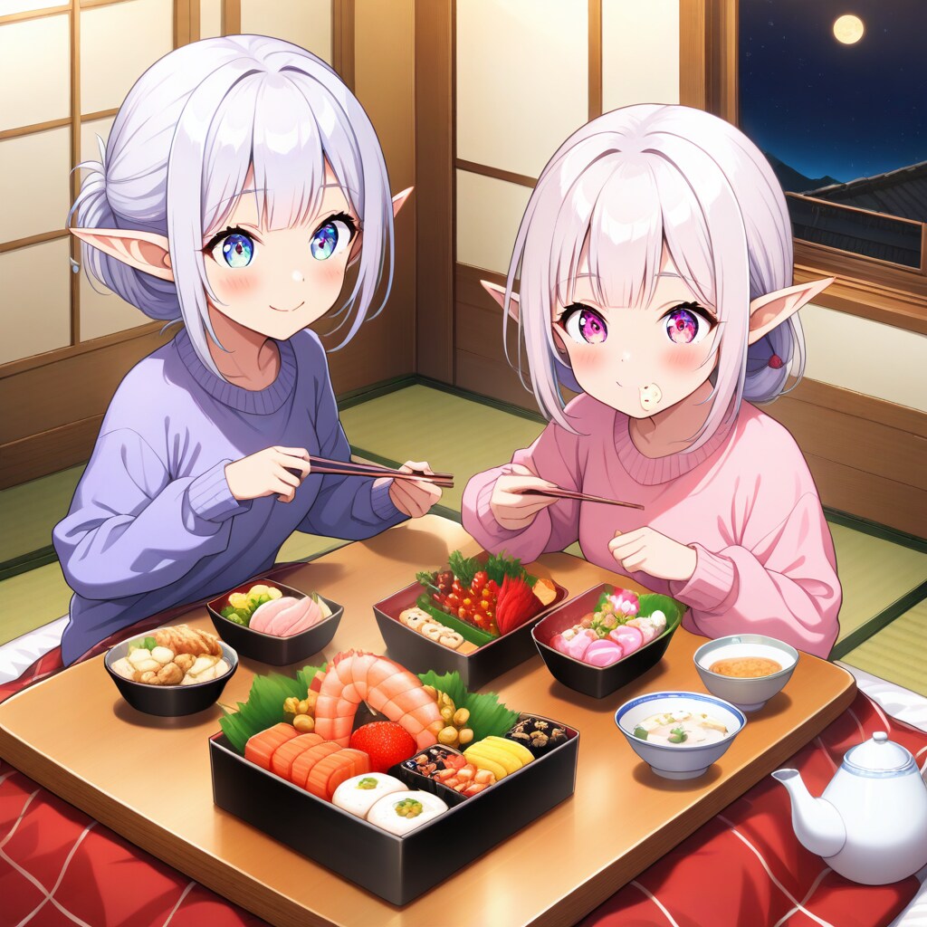 おせち料理を食べるエルフの女の子