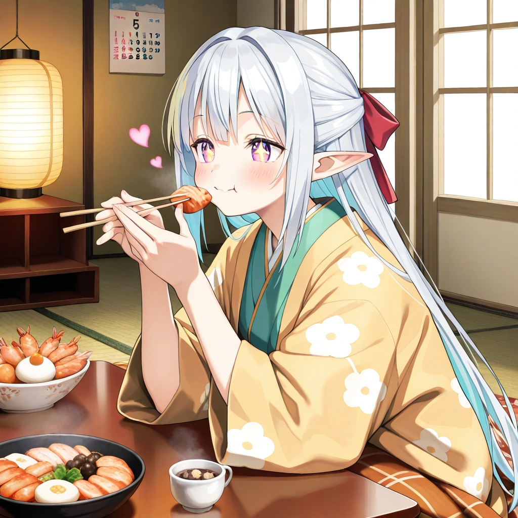 おせち料理を食べるエルフの女の子